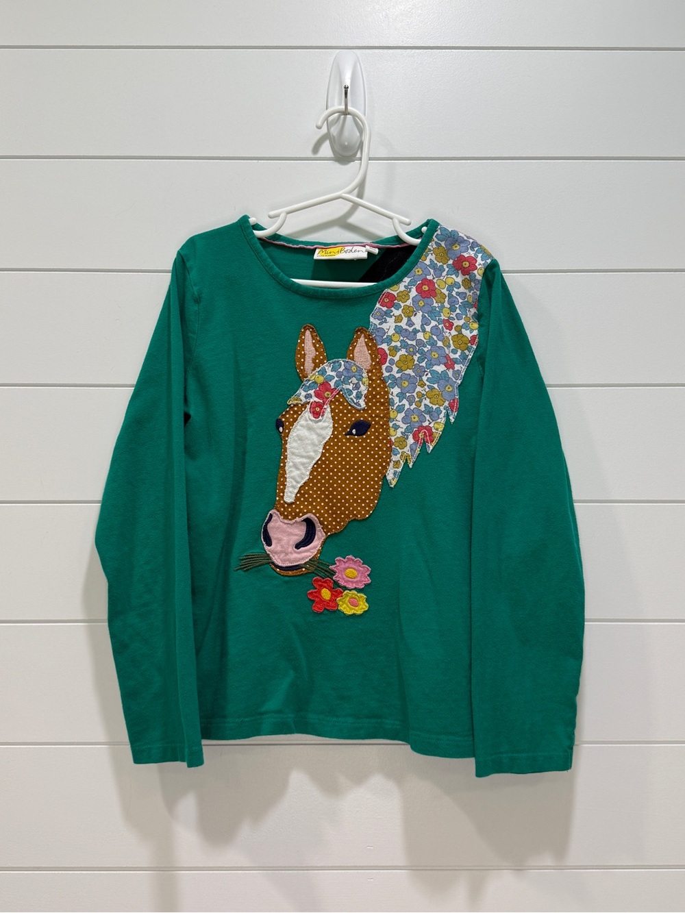 Mini Boden Teal Green Long-Sleeve Top with Floral Horse Appliqué